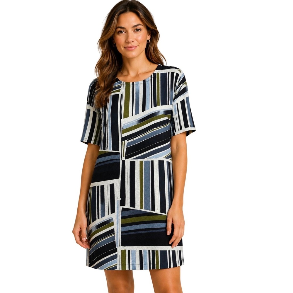 Weston Womens Geometric Striped Shift Dress XS Blue Green Multi Short Sleeve